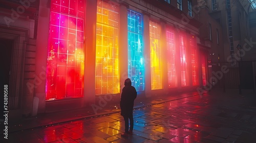 A street artist using projection mapping technology to transform ordinary buildings into captivating works of art with light and motion