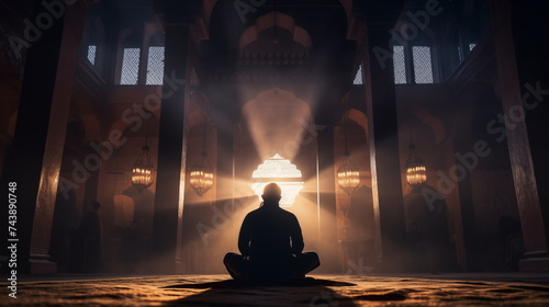 Muslim man sitting in islamic temple, praying, sun beams shining, Ramadan concept