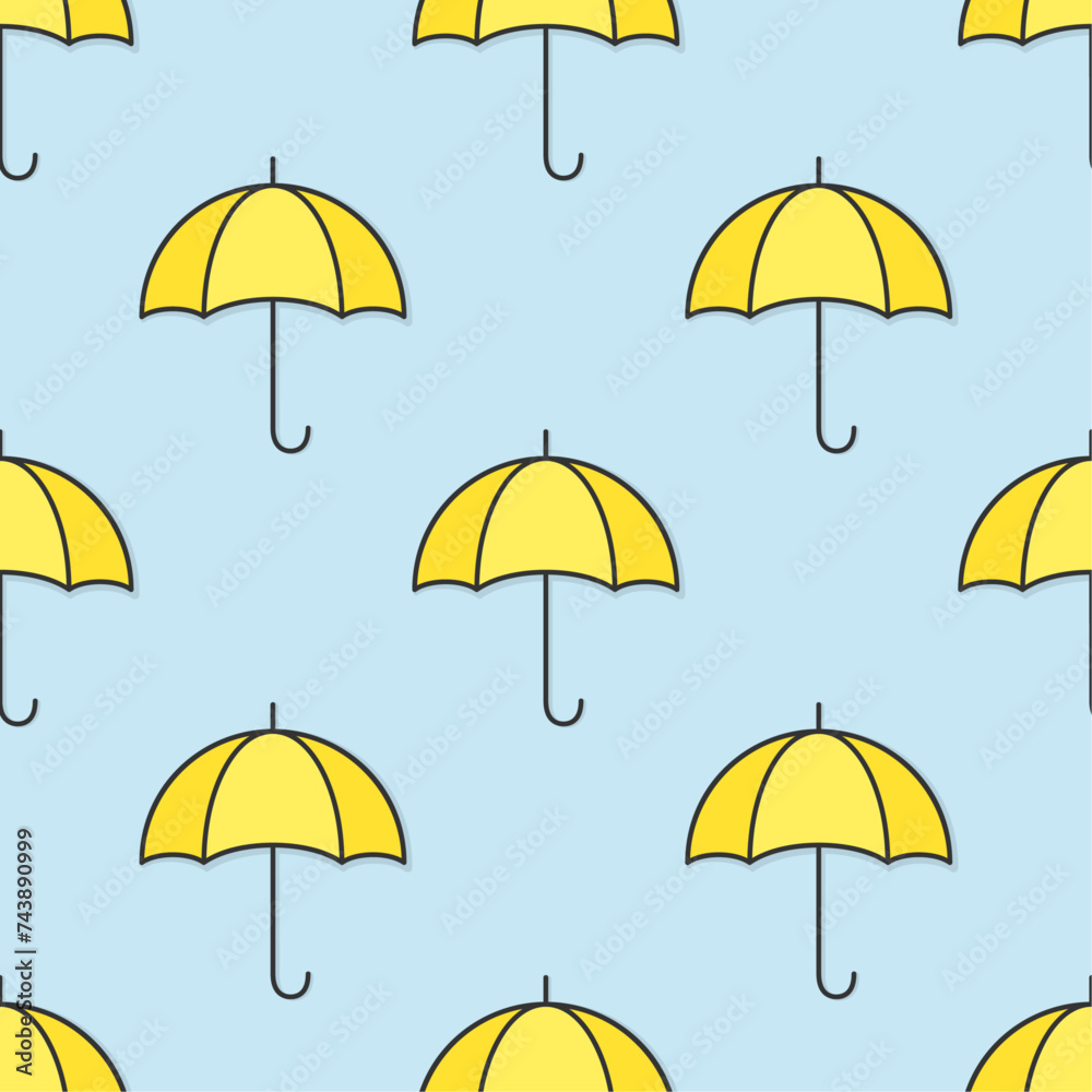 Yellow umbrellas on blue background. Vector seamless pattern.