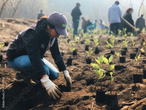 Volunteers replanting trees to restore burnt forest after fire