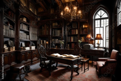 A Gothic-inspired study with dark wood furniture, rich fabrics, and ornate decorations