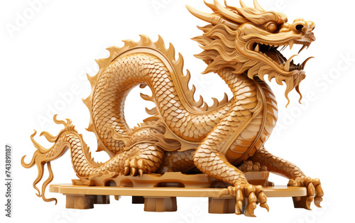 Golden Dragon Statue on Wooden Platform. A golden dragon statue is prominently displayed on top of a sturdy wooden platform.