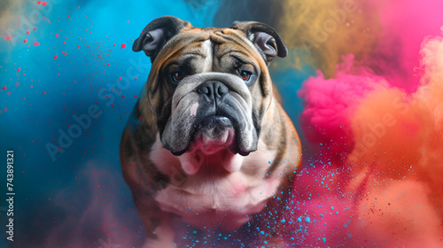 a portrait of thoroughbred serious cute big englisch bulldog, dog on abstract colorful dust Background, looking gently, intelligent, clever, Strong,beautiful 