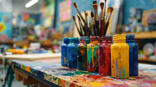 Matériel d'arts plastiques dans une classe d'école primaire ou maternelle, pinceaux, pots de peinture...