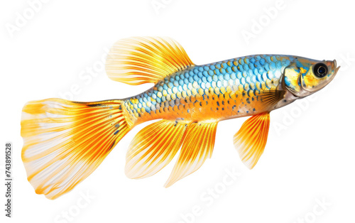 Goldfish With Blue and Yellow Fins. A goldfish with striking blue and yellow fins swims gracefully in clear water, showcasing its vibrant colors and elegant movements.