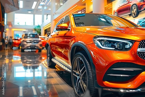 City Showroom Showcase - Texture-Rich, High-Gloss SUV in Vibrant Orange Hues photo