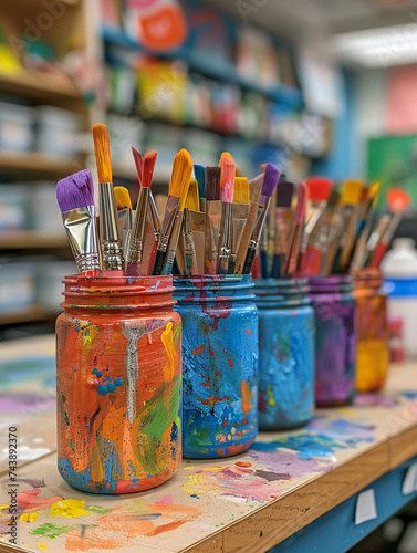 Matériel d'arts plastiques dans une classe d'école primaire, pinceaux, pots de peinture et dessin