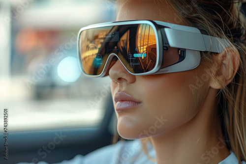 Caucasian woman drives a car in 3D virtual glasses © sofiko14