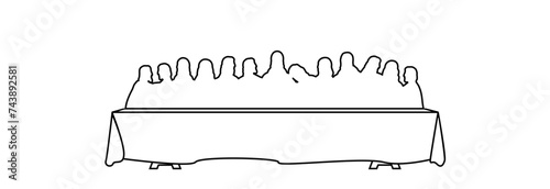 Jesus Christ and twelve disciples at the dinner table, drawing in black outline.