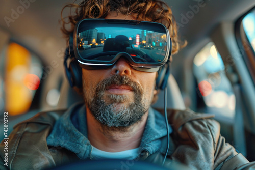 Caucasian man drives a car in 3D virtual glasses © sofiko14