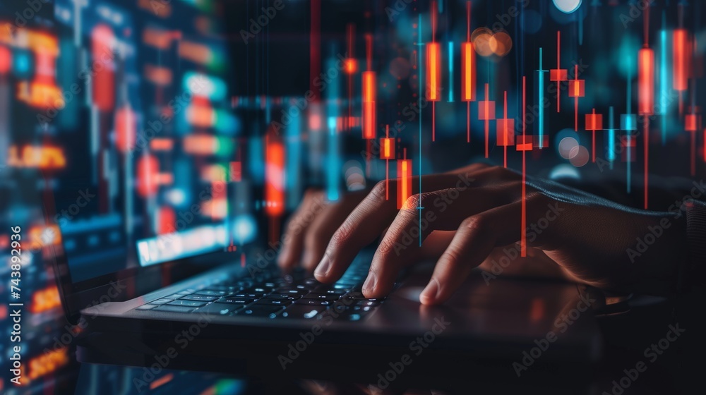 Abstract creative financial graph with hand typing on laptop on background, forex and investment concept. Abstract creative financial graph with hand typing on laptop on background, forex and investment concept.