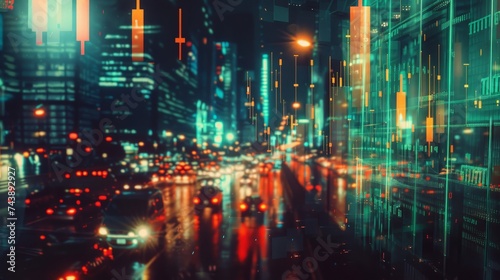 Abstract business chart on night city background. Forex concept. Double exposure