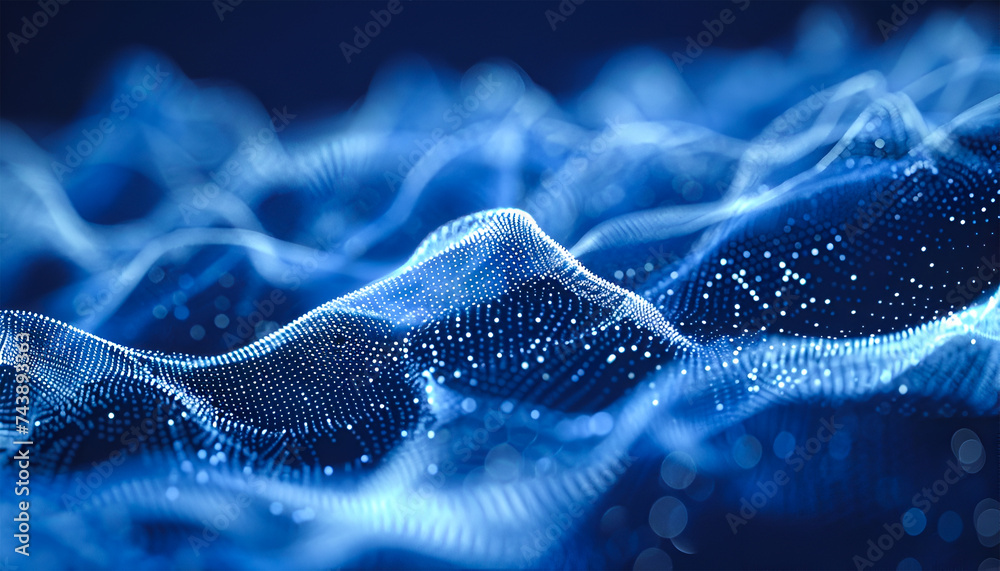 A technological mesh and glowing blue background with some blue light and flashes. Tech wallpaper concept. Waves artwork concept. Motion of lines. - obrazy, fototapety, plakaty 
