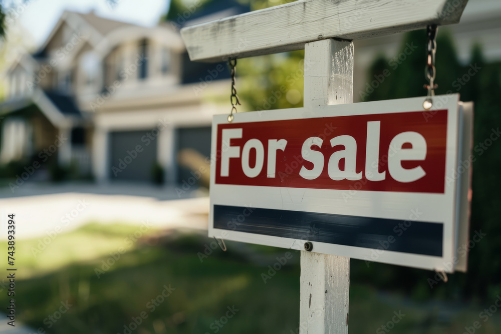 For sale sign in focus with a blurred house in the background. Generative AI