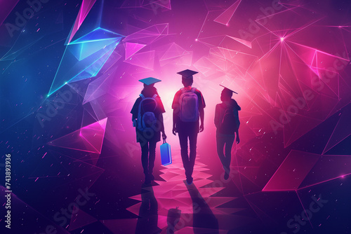 student ginger back view Digital future education concept in futuristic polygon style. Choosing a Technology Career on the Path to Success