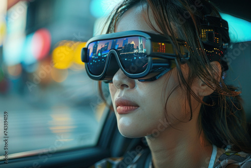 Asian woman drives a car in 3D virtual glasses