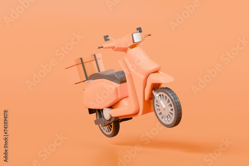 3d Scooter or motor delivery express icon. E-commerce concept, Shopping online and Fast delivery service on mobile application concept. isolated on orange background. banner, copy space. 3D Rendering.