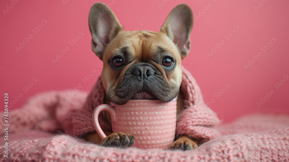 Adorable French Bulldog wrapped in a pink knitted blanket with a mug, against a pink background.