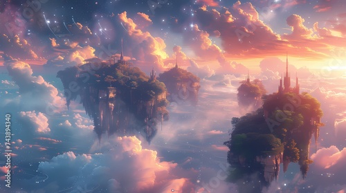 A surreal dreamscape of floating islands adorned with vibrant flora, under a sky filled with swirling galaxies photo