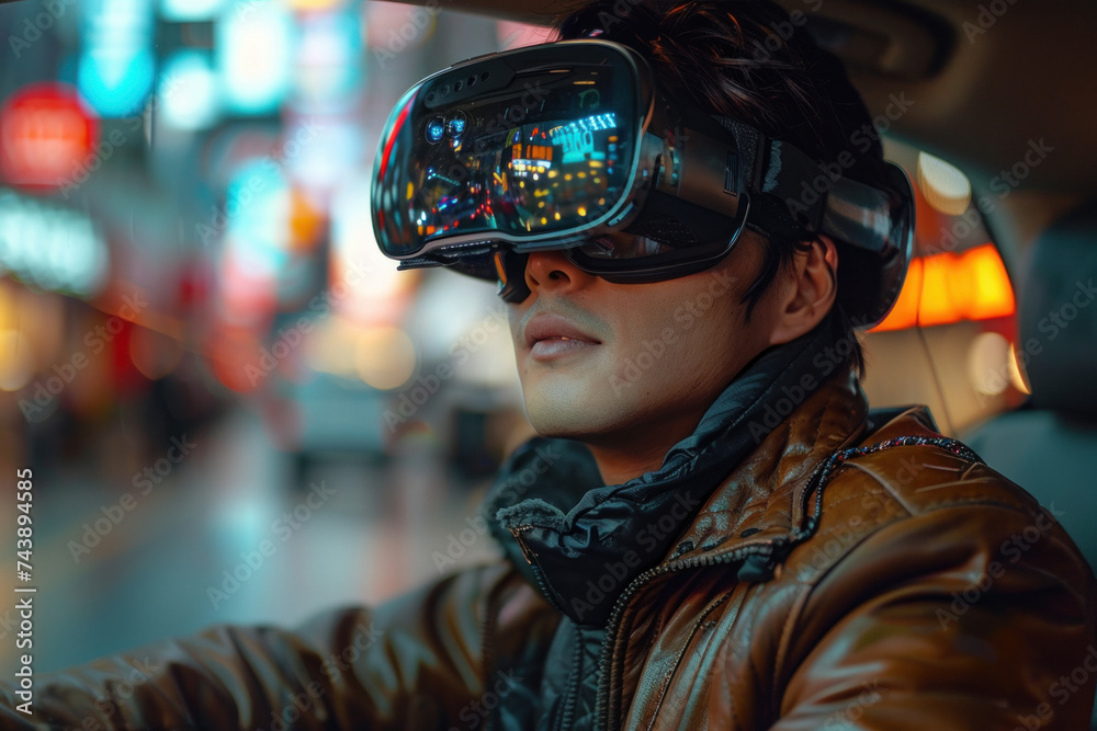Asian man drives a car in 3D virtual glasses Asian man drives a car in 3D virtual glasses