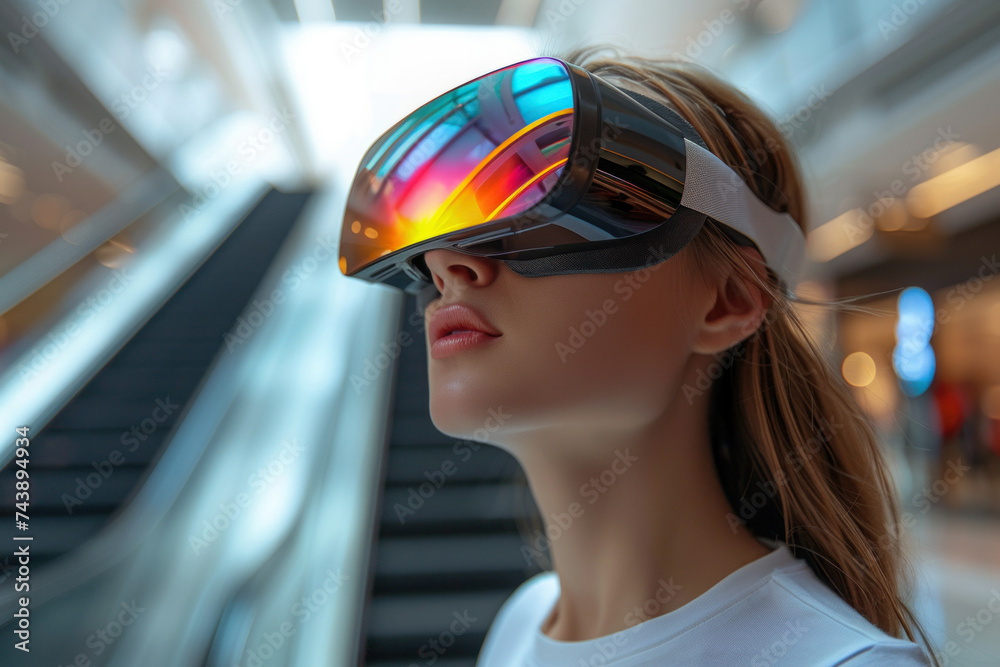 Caucasian woman in 3D virtual glasses standing on escalator in shopping mall Caucasian woman in 3D virtual glasses standing on escalator in shopping mall