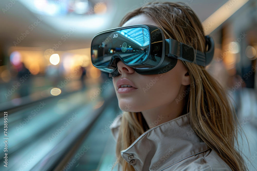 Caucasian woman in 3D virtual glasses standing on escalator in shopping mall Caucasian woman in 3D virtual glasses standing on escalator in shopping mall