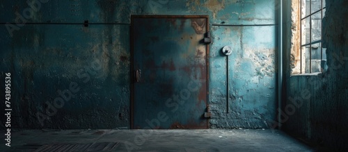 Open metal door in basement of deserted southern factory.