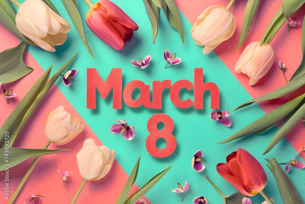 text March  surrounded by tulips on colorful background. Concept Outdoor Photoshoot, Colorful Props, Spring Celebrations