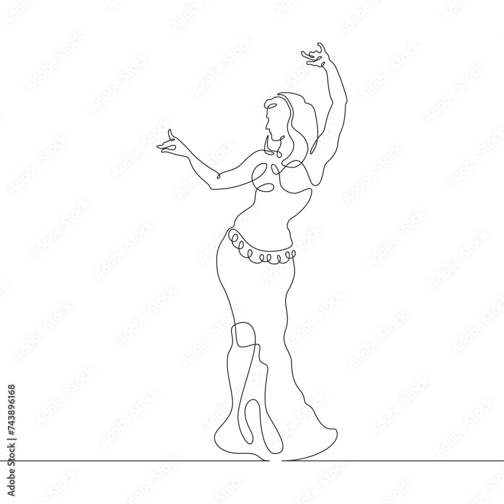 Woman dancing belly dance. Dancer in oriental costume. Oriental dance. One continuous line . Line art. Minimal single line.White background. One line drawing.