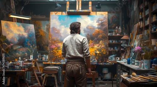 A talented painter using a digital easel and a specialized painting software to create a realistic oil painting with subtle brushstrokes and rich textures in a well-lit art studio © harta hun yar