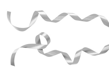 Silver ribbon satin curly scroll png bow set isolated on transparent background  for Christmas, brithday and wedding card confetti design decoration