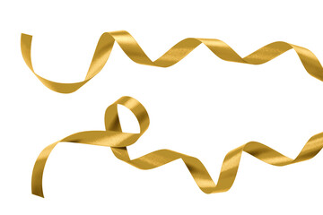 Gold ribbon satin bow curly scroll png set isolated on transparent background for Christmas, birthday and wedding card confetti design decoration
