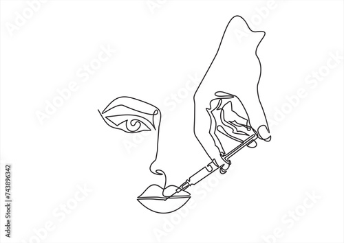 Continuous line beauty surgery concept. One line female portrait. One line syringe, lip filters	