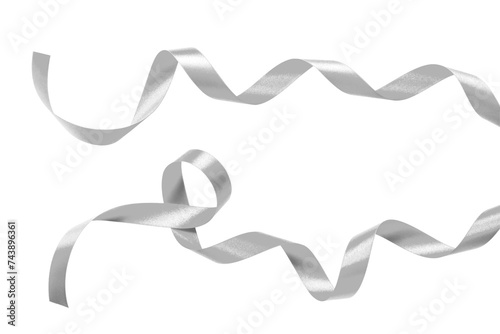 Silver ribbon satin curly scroll png bow set isolated on transparent background  for Christmas, brithday and wedding card confetti design decoration