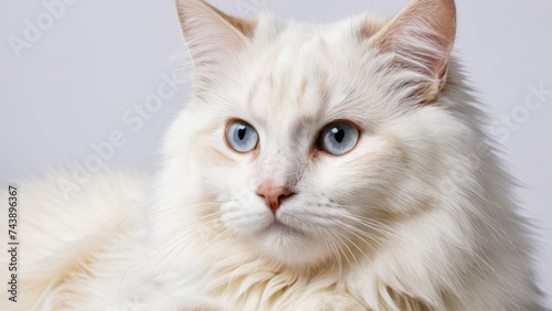 Portrait of White norwegian forest cat on grey background