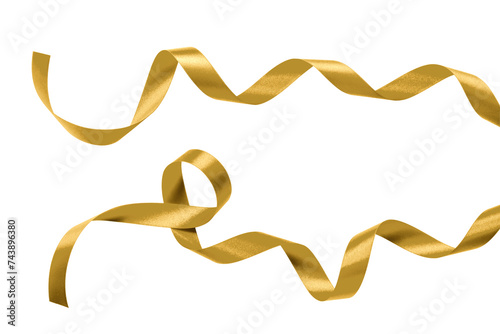 Gold ribbon satin bow curly scroll png set isolated on transparent background for Christmas, birthday and wedding card confetti design decoration