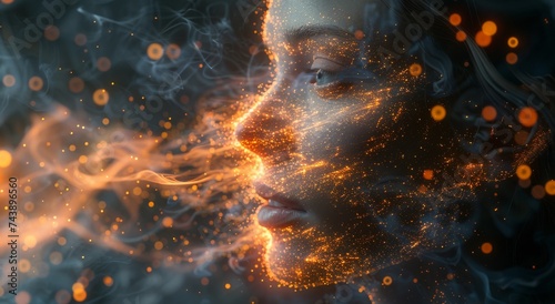 A woman's fiery gaze is engulfed in the intense heat of orange smoke, igniting a sense of passion and intensity within the viewer