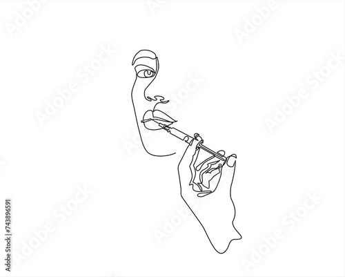 Continuous line beauty surgery concept. One line female portrait. One line syringe, lip filters	