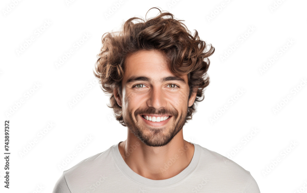 Smiling Man With Curly Hair and Beard. A man with curly hair and a beard is smiling in this portrait. His expression exudes happiness and warmth.