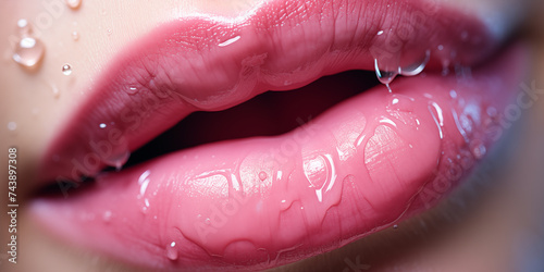 Picture of a bright pink woman's mouth with water drops