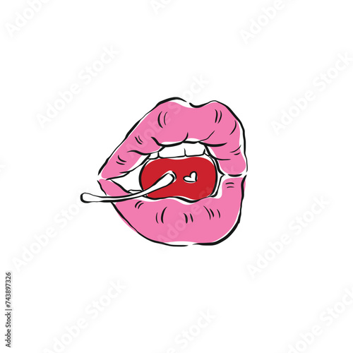 Hand drawn pink lip and red cherry vector, hand drawn lip vector