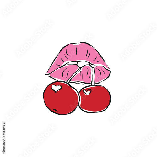 Pink lip and red cherry vector, hand drawn lip vector