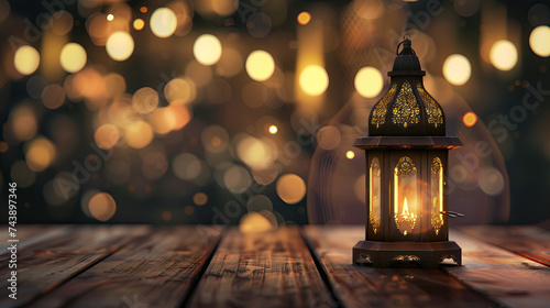 ramadan light lantern on wooden background with shiny bokeh lights. ramadan kareem banner background. ramadan kareem holiday celebration concept
