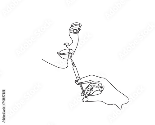 Continuous line beauty surgery concept. One line female portrait. One line syringe, lip filters	