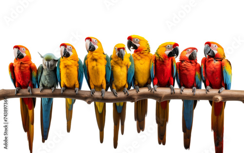 Colorful Parrots Perched on Branch. A group of vibrant parrots with different colored feathers are perched together on a sturdy branch.