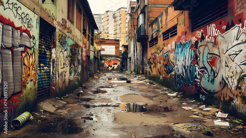 Poor neighborhood, walls covered in graffiti, dirty street