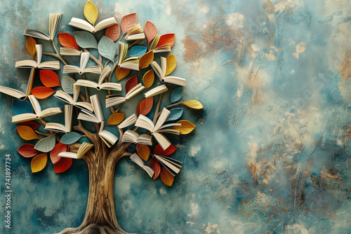 International books and trees with books like leaves Smart knowledge and education day concept. photo