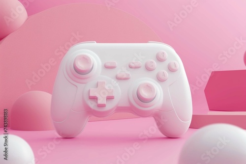 White standard game controller, joystick, gamepad on a pink background with abstract geometric shapes. 3d rendering