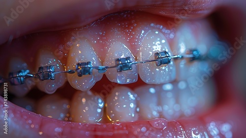 installing braces on a patient, macro photography, dentist's office