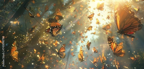 A kaleidoscope of butterflies flutters among sun-dappled trees, painting the air with delicate hues. photo